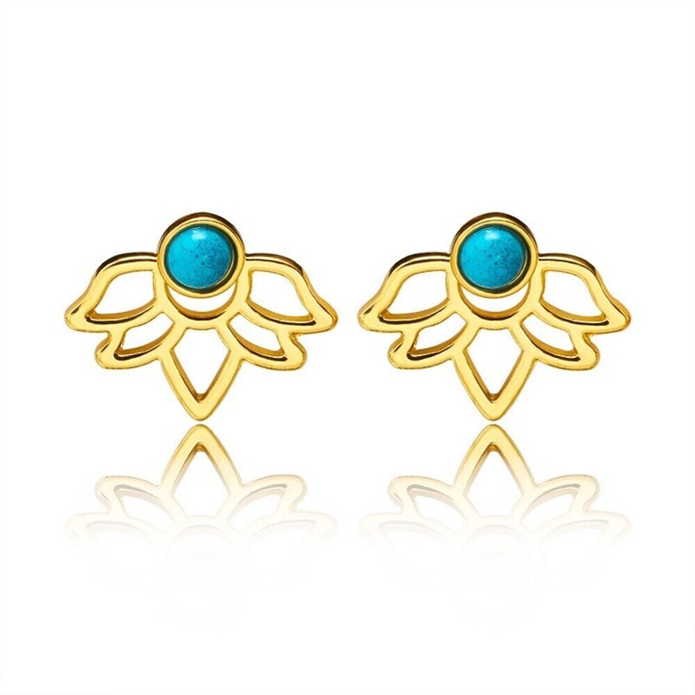Gold Tone Lotus Flower Ear Jacket Pierced Stud Earrings Turquoise Blue Color